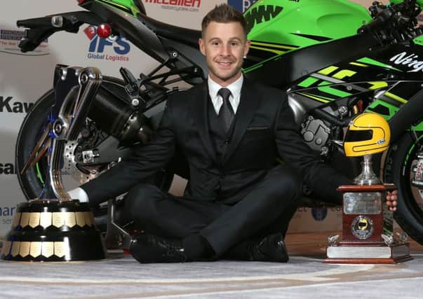 Triple world Superbike champion, Jonathan Rea celebrates winning the Cornmarket/ Enkalon Irish Motorcyclist of the Year at the awards in Belfast. Rea was presented with a new trophy as well as the Joey Dunlop award to mark his three world titles.
