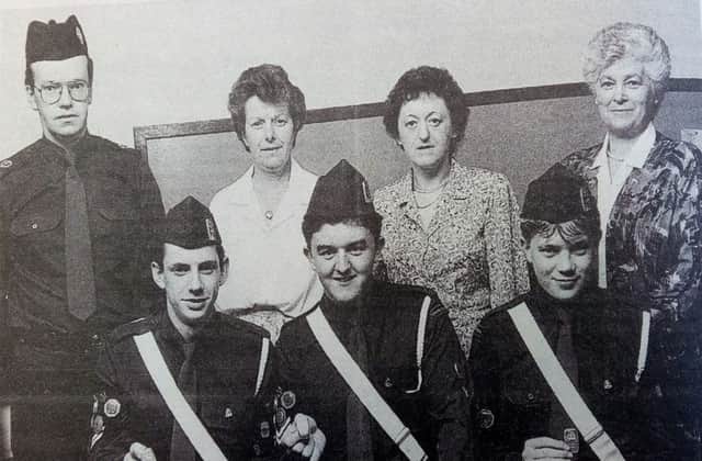 Members of the 6th Londonderry (Waterside) Boys' Brigade who received Queen's Badges at their annual inspection in May 1989 - Ian McClay, Ivor Ramsey and Colin Caldwell. Standing - Jim McCarter, company captain; Dorothy McClay; Edith Ramsey and Doris Caldwell.