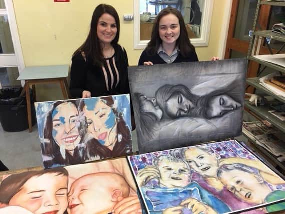 Aimee is pictured with her work on the opening night of the exhibition and with some of her current A2 work with Miss McConnell.