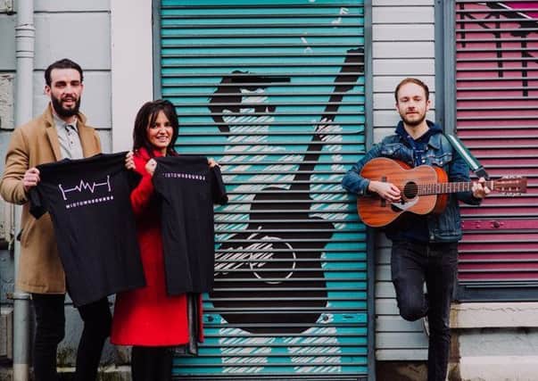 Looking forward to the launch of Midtown Sounds are singer/songwriter Andrew Cameron of Brash Issac (right), one of the many acts performing at the event on February 24, alongside Ballymena BID manager, Alison Moore and Joe Rocks from Mid and East Antrim Borough Council.