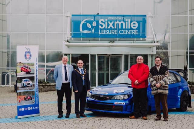 The Mayor of Antrim and Newtownabbey, Councillor Paul Hamill, launches the UAC Easter Rally Stages with Graeme Stewart (Event Director), Bill Swann (Club Chairman) and Neil Malcolm (Event Safety Manager).