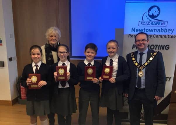 The winning team from Fairview PS with Cllr Hamill and Pat Martin (Newtownabbey Road Safety Committee).