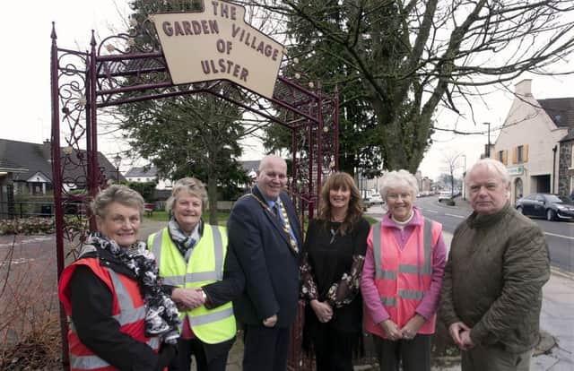 Mayor of Mid & East Antrim, Cllr Paul Reid, pictured along with members of the Broughshane Improvement Team, Betty Millar, Betty Wylie and Betty Shaw, Broughshane & District Community Association Development Manager, Valerie Blake and Association Chairman, Lexie Scott.