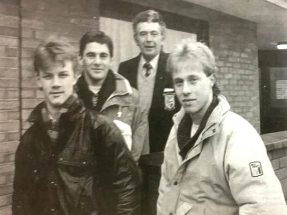 Three members of Portadown Rugby Club under 18 side were selected for the Under 18 Ulster side in 1988. Pictured with club president Bobby McKinney are Mark Snowden, Gareth McQuitty and Peter McClelland