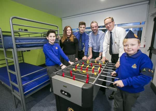 Christo Tsoutsis, Niamh-Anne McNally from The Alpha Programme, Jason Tsoutsis, Richard Rogers from Groundwork NI, Drew Buchanan MBE, Chair of Newport Delivery Group of The Boys Brigade Northern Ireland District and Ryan Wilkinson pictured in the new dormitory-style rooms at the Boys' Brigade's NI Headquarters in Culcavy.