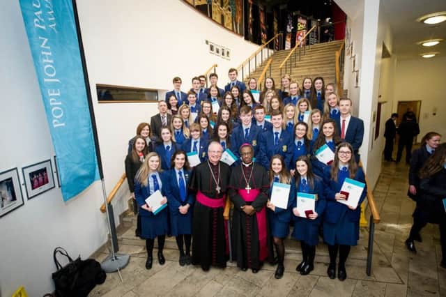 Year 14 students from Loreto College Coleraine who received the Pope John Paul II Award at the Millennium Forum.