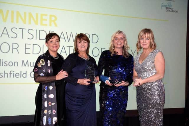 From left, Claire Lenaghan from sponsor Millar McCall Wylie Solicitors, Alison Mungavin, Principal Ashfield Girls High School, Tracy Rossborough and awards host, Tara Mills.