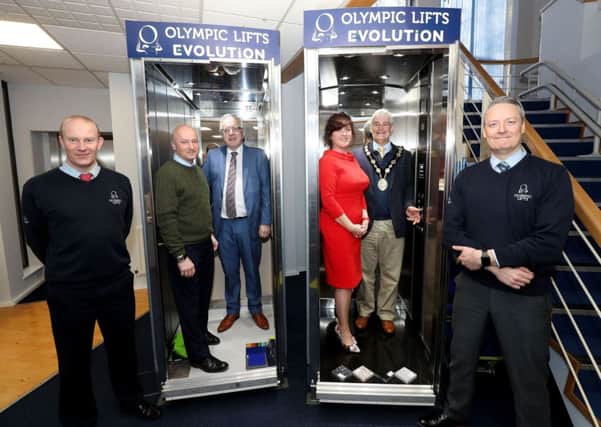 Pictured during the council's business engagement visit to Olympic Lifts are (l-r) Aaron Walker, John Patterson (Managing Director), Alderman Allan Ewart MBE, Eilish Patterson, Mayor Tim Morrow and Michael Forsyth.