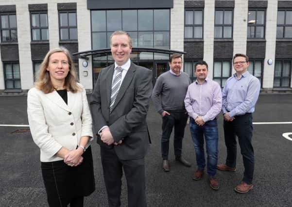(From left to right) Aisling Owens, CEO of Lisburn Enterprise Organisation, and Garret Kavanagh, Acting MD of BTs NI Networks division, with Martin McQuillan and Paul Kavanagh from Cirrus IT Systems and Building Services Consultant Engineer, Richard Gilpin.