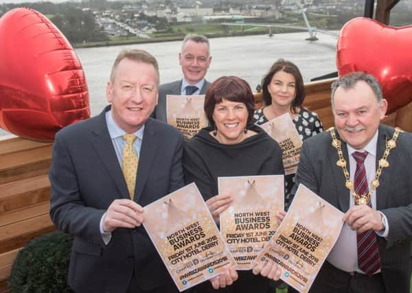 The Mayor Councillor Councillor MaolÃ­osa McHugh pictured with Jennifer McKeever, President of Londonderry Chamber of Commerce and Jim Roddy, Chief Executive, City Centre Initiative and CCI Chairman Hugh Hegarty, and Chamber Chief Executive, Sinead McLaughlin at the launch of the annual North West Business Awards which are taking place on Friday the 1st of June 2018 in teh City Hotel. Picture Martin McKeown. Inpresspics.com. 14.02.18
