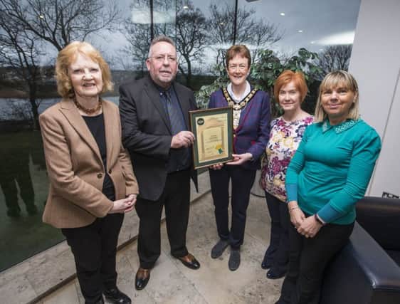 : Representatives of The Pavestone Centre in Coleraine, recipients of an award from the William Trust, Rhoda Baxter, Rodger Connor, Karen Harvey and Wendy Longshawe pictured with the Mayor of Causeway Coast and Glens Borough Council Councillor Joan Baird OBE.