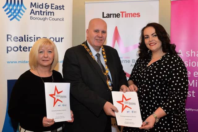 Mayor of Mid and East Antrim Borough Council, Councillor Paul Reid is pictured with Martine Lafferty,(left)  Advertising Sales Executive with the Times series and Patrica Stewart representing Power NI at the official launch of the Larne Times, Larne Business Awards 2018 in Larne Town Hall. INLT 06-004-PSB