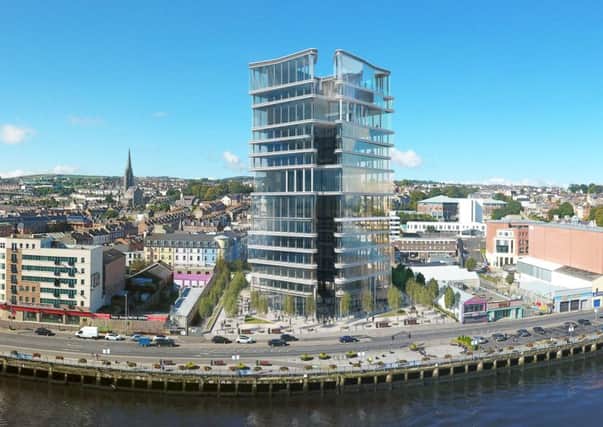 An artist's impression of the Â£20m, 18-storey building along Queen's Quay in Londonderry, which is subject to negotiations with the relevant authorities.