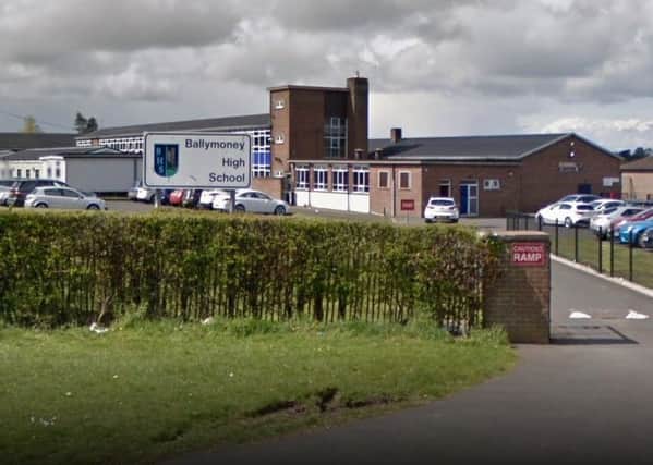 The entrance to Ballymoney High School. Copyright: Google