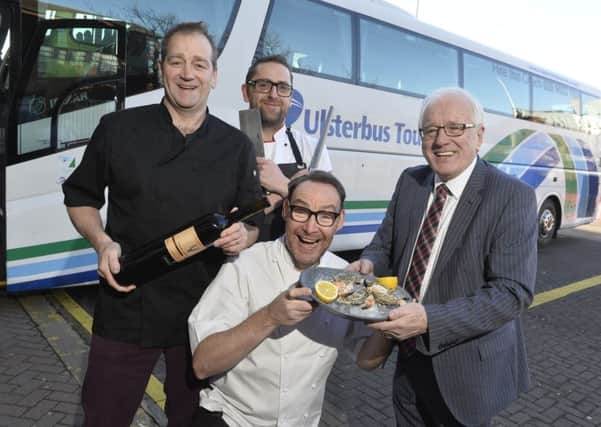 Chefs Derek Patterson of The Plough Group, Adam Harding from The Hillside and Danny Millar of The Parsons Nose with Alderman Allan Ewart MBE, Chair of Lisburn and Castlereagh City Councils Development Committee.
