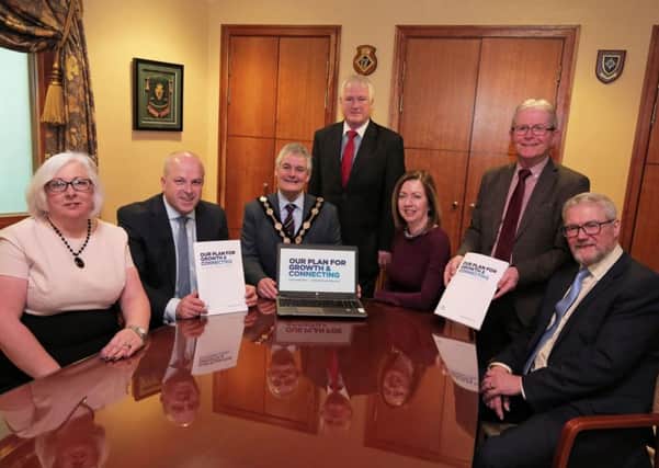Pictured at the launch of the council's Corporate Plan Consultation are (l-r) Deputy Mayor Hazel Legge; Alderman James Tinsley; Mayor Tim Morrow; Alderman Michael Henderson; LCCC Chief Executive, Dr Theresa Donaldson; Councillor Brian Hanvey and Councillor Owen Gawith.