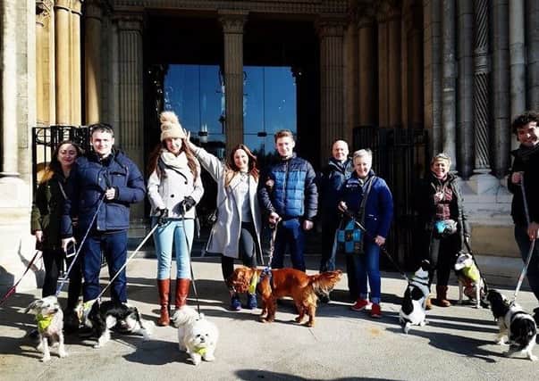 Posing for a group photo with our fellow dog friendly humans and their four legged companions