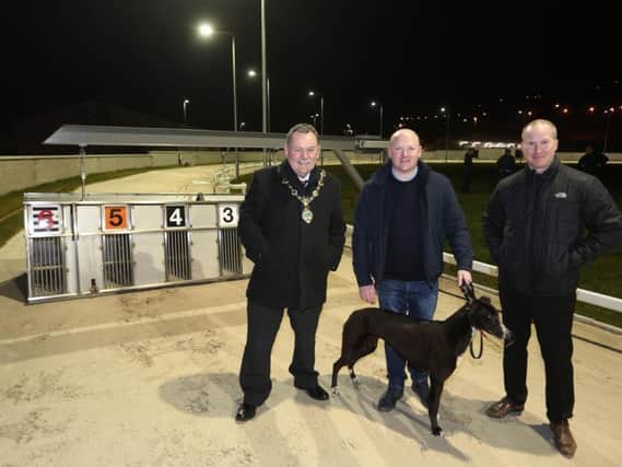 Mayor of Derry City and Strabane, Councillor Maolosa McHugh pictured with Daniel McLaughlin, Brandywell Greyhound Racing Company, and Steve Setterfield, Operations Manager, Derry City and Strabane District Council.