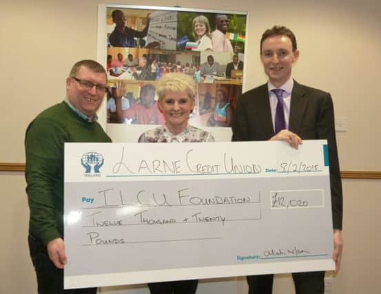 Pictured at the cheque presentation are Martin Wilson, chairman, Lame Credit Union; Sharon O'Donnell, manager, Lame Credit Union and Alan Moore, general Manager, ILCU Foundation.