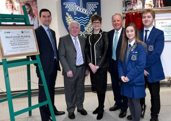 Derek Baker, Department of Education Permanent Secretary, Rev Dr JH MacConnell, Chairperson of the Board of Governors, Principal Kathryn Bell, Uel McCrea, former Ballyclare Secondary School Principal and Head Girl and Boy, Lauren Fittis and Robert Dunbar.