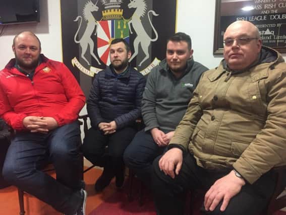 Portadown fans - from left, Mark Beattie, Jonny Dunlop, Jack Moffett and Steven Wright - following Matthew Tipton's first press conference as manager of the Shamrock Park club.