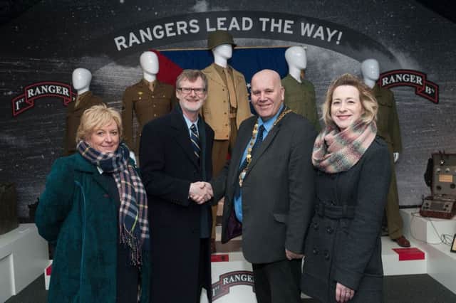 At the US Rangers Centre are, from left, Ainsley McWilliams, council's head of Tourism; U.S. Consul General in Northern Ireland Daniel Lawton, the Mayor of Mid and East Antrim, Cllr Paul Reid and Shirin Murphy, Museums officer.