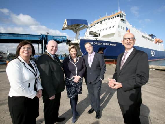 Karen Hastings, the councils Investment and Place Manager; Mayor of Mid & East Antrim Council, Cllr Paul Reid; Kim Swan, P&O Ferries Head of Freight, Irish Sea; Anthony Van Damme, Harbour Master for Port of Larne; and Roger Armson, P&O Ferries Head of Operations, Irish Sea & General Manager of Larne Port.