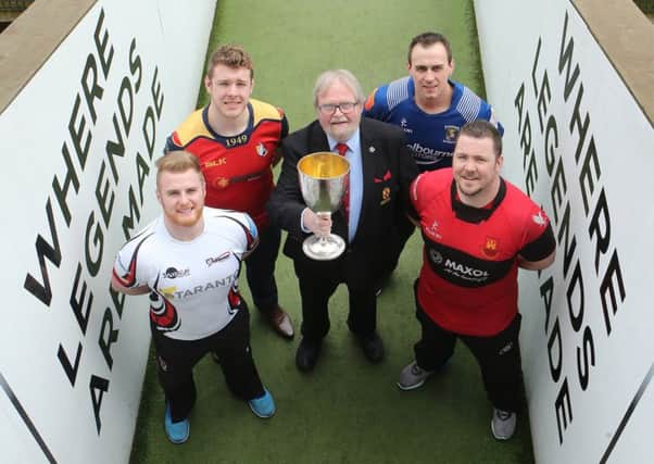 RiverRock Ulster Towns Cup Semi-Finalists Owen O'Hagan representing City of Armagh RFC and Grant Bartley representing Ballyclare RFC, Graffin Parke the IRFU Ulster Branch President, Gary Hall representing Portadown RFC and Stuart Cheshire representing Carrickfergus RFC pictured at the draw which took place at Kingspan Stadium. Photo - John Dickson