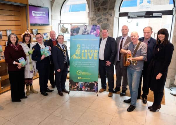 Mayor of Antrim and Newtownabbey, Councillor Paul Hamill, pictured with Alderman John Smyth, Councillor Jim Montgomery, Councillor Neil Kelly, Councillor Roisin Lynch, Ursula Fay (Head of Arts & Culture) and some of the performers taking part in Antrim Live.
