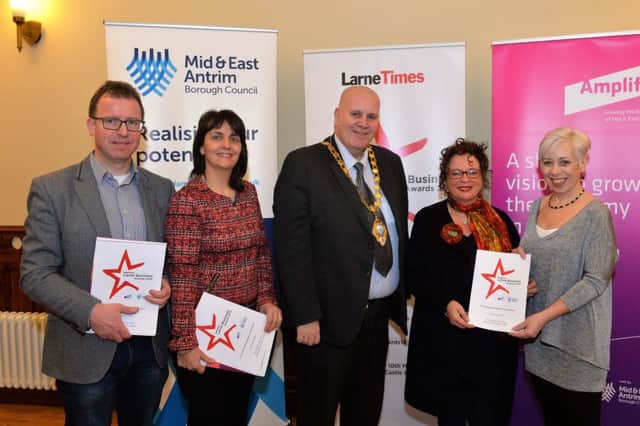 Valerie Martin (right) Group Editor of Johnston Press NI  is pictured with Councillor Andy Wilson, Councillor Ruth Wilson , Mayor Councillor Paul Reid and Councillor Gerardine Mulvenna all representing Mid and East Antrim Borough Council at the official launch of the Larne Times, Larne Business Awards in Larne Town Hall. INLT 06-002-PSB