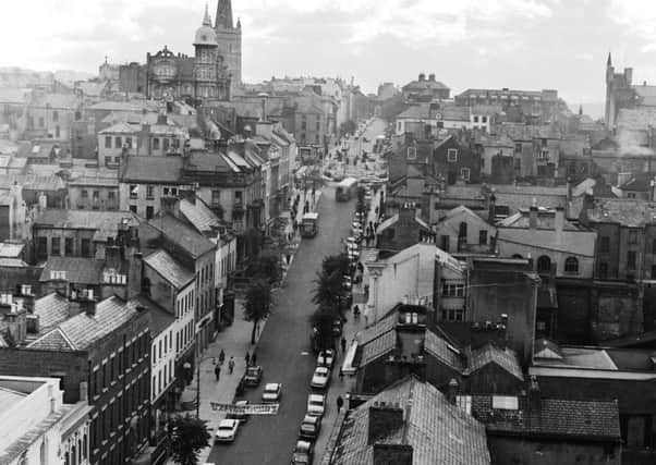A view of Shipquay Street in Londonderrys cityside, on the western bank of the Foyle, taken during the 1960s