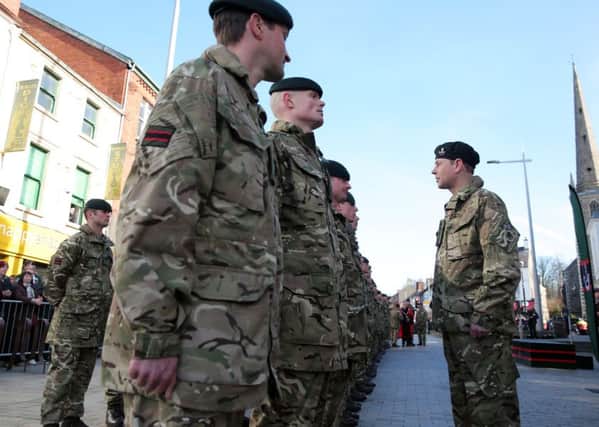 Press Eye - Belfast - Northern Ireland - 9th March 2018 

There was synchronised sound in Lisburn city centre today where a Homecoming Parade of the 2 Rifles took place.  The Parade followed a six-month tour of Iraq. 
There was an Inspection and Salute in the city centre in the presence of the HRH the Earl of Wessex, Royal Colonel of the 2 Rifles.

The Council was delighted with the Royal Visit, which is the first royal visit to Lisburn & Castlereagh City Council.

General view of the parade in Bow Street, Lisburn.

Photo by Jonathan Porter / Press Eye.
