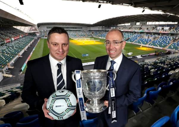 Managing Director of the NI Football League, Andrew Johnston and Danske Bank Chief Executive, Kevin Kingston.