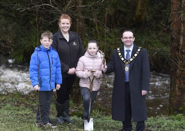 Carter Hawthorne, Kathryn Williamson (Woodland Trust), Tia Rea and Mayor of Antrim and Newtownabbey Borough Council, Cllr Paul Hamill. Picture: Michael Cooper.