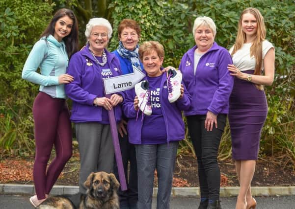 Pictured L-R Miss NI Anna Henry, NI Hospice Larne Support Group members, NI Hospice Vice President Olivia Nash and Former Blue Peter presenter and model Zoe Salmon launch this years 2018 Larne Hospice Walk.