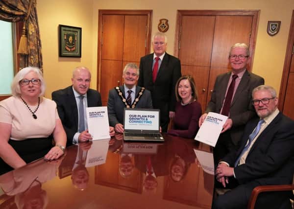 Pictured at the launch of the council's Corporate Plan Consultation are (l-r) Deputy Mayor Hazel Legge; Alderman James Tinsley; Mayor Tim Morrow; Alderman Michael Henderson; LCCC Chief Executive, Dr Theresa Donaldson; Councillor Brian Hanvey and Councillor Owen Gawith.
