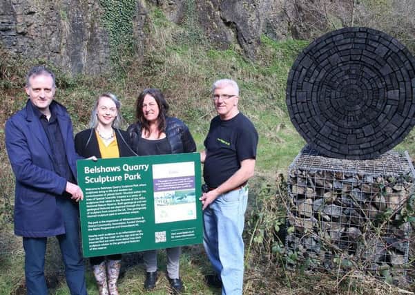 BBC Big Painting finalist Jennifer Morrow (second from left) helped Hillsborough sculptor Ngaire Jackson officially open Belshaws Quarry Sculpture Park in April 2017. Also pictured are Richard Rodgers (far left) from The Alpha Programme and Groundwork NI, and John Belshaw of Whitemountain and District Community Association. Pic by Jonathan Clark