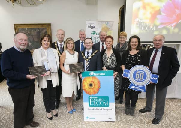 Celebrating success at the Translink Ulster in Bloom 2017 Awards where Randalstown won the Small Town Award, pictured L-R John and Mary OKane, OKanes Bar, Alderman Arnold Hatch, President, Northern Ireland Local Government Association, Helen Boyd, Tidy Randalstown, Frank Hewitt, Chairman, Translink, Cllr Paul Hamill, Mayor of Antrim & Newtownabbey Borough Council, Moore Blair, Suzanne Winter, Linda Houston  Tidy Randalstown, Lindsay Houston and Cllr Mervyn Rea, Antrim & Newtownabbey Borough Council