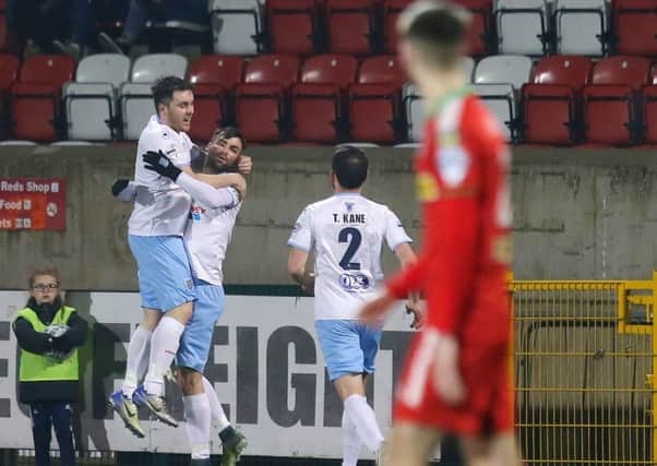 Ballymena celebrate after Johnny McMurray opened the scoring.