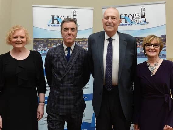 Trustee Maria Martin, actor James Nesbitt, and Managing Director of MIS Claims Alan Baillie with Dawn McConnell, Hope House co-founder.