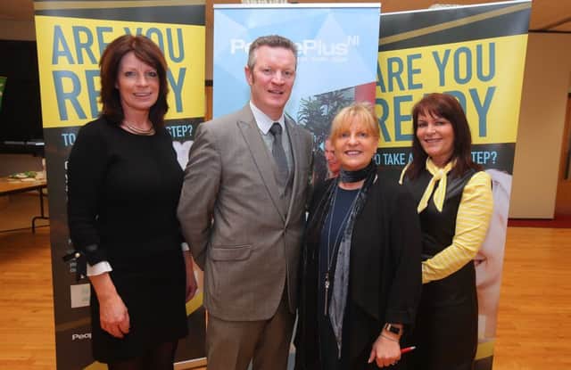 L-R: Sonya Speers, PeoplePlus NI, Ciaran McCorry, Operations manager S2S, Diane Rathfield MBE, and Margaret Cunningham, Healthee at the  PeoplePlus NI event in Coleraine.