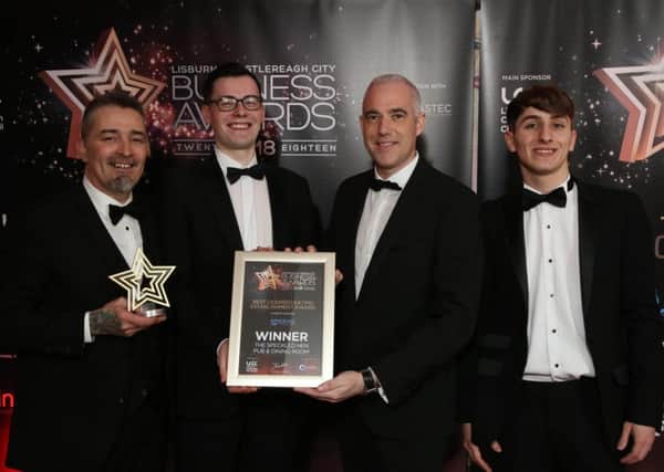 The winner of the Best Licensed Eating Establishment sponsored by Phoenix Natural Gas was The Speckled Hen Pub & Dining Room. Pictured are Jonathan Martindale from Phoenix Natural Gas and Donal Hamill, Kevin Goan and Jack Andrews from The Speckled Hen Pub & Dining Room.