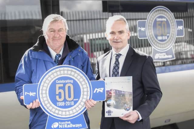 At the launch of the anniversary celebrations is long service staff member Michael McKinty, Whitehead, with Translink Group CEO Chris Conway.