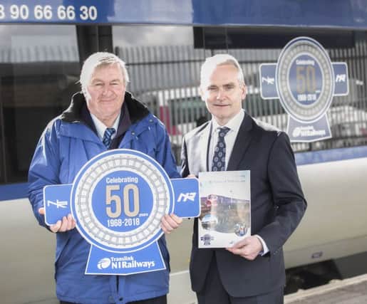 At the launch of the anniversary celebrations is long service staff member Michael McKinty, Whitehead, with Translink Group CEO Chris Conway.