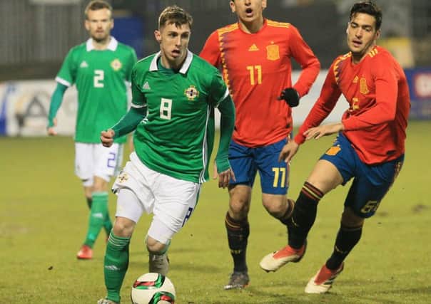 Crusaders' Gavin Whyte on show for Northern Ireland under 21s against Spain. Pic by Pacemaker.