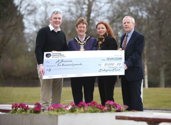 At the launch of The Enterprise Fund are Councillor Richard Holmes, The Mayor of Causeway Coast and Glens Borough Council, Councillor Joan Baird OBE and Bridget Mc Caughan and Martin Clark, Causeway Coast and Glens Borough Council.