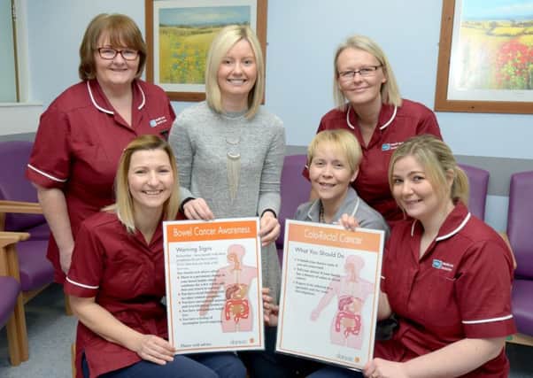 The Southern Trust Colorectal Nursing Team are marking Bowel Cancer Awareness Month Back L-R: Bernie Trainor (Stoma/ Coloproctology Nurse), Stacy Leathem, Macmillan Support Worker, Fiona Keegan, Macmillan Colorectal Cancer Nurse Specialist. Front L-R: Claire Young (Stoma/ Coloproctology Nurse), Cheryl Bleakney (Administrative Assistant), Lynn Berry (Stoma/ Coloproctology Nurse) Missing from photo: Tanya Garvie (Stoma/ Coloproctology Nurse).