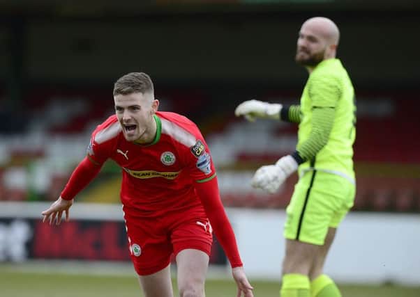 Rory Donnelly celebrates scoring for Cliftonville against Loughgall. Pic by Pacemaker.
