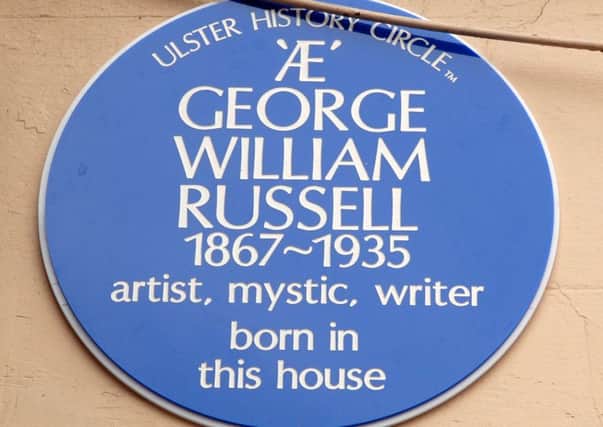 The Ulster History Circle plaque to George AE Russell at his birth place in William Street. LM37-109gc