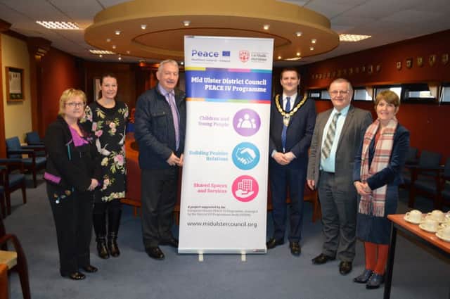 Deputy-Chair of Mid Ulster District  Council Cllr UUP Mark Glasgow; Chairperson of Peace Board Cllr SF Sean McPeake;  Lorraine Griffin COSTA Rural Support Network; NIHE Michael Dallet;  Rosaleen Hanna Chairperson of CWSAN; Jennifer Hamilton newly appointed Community Engagement Officer.